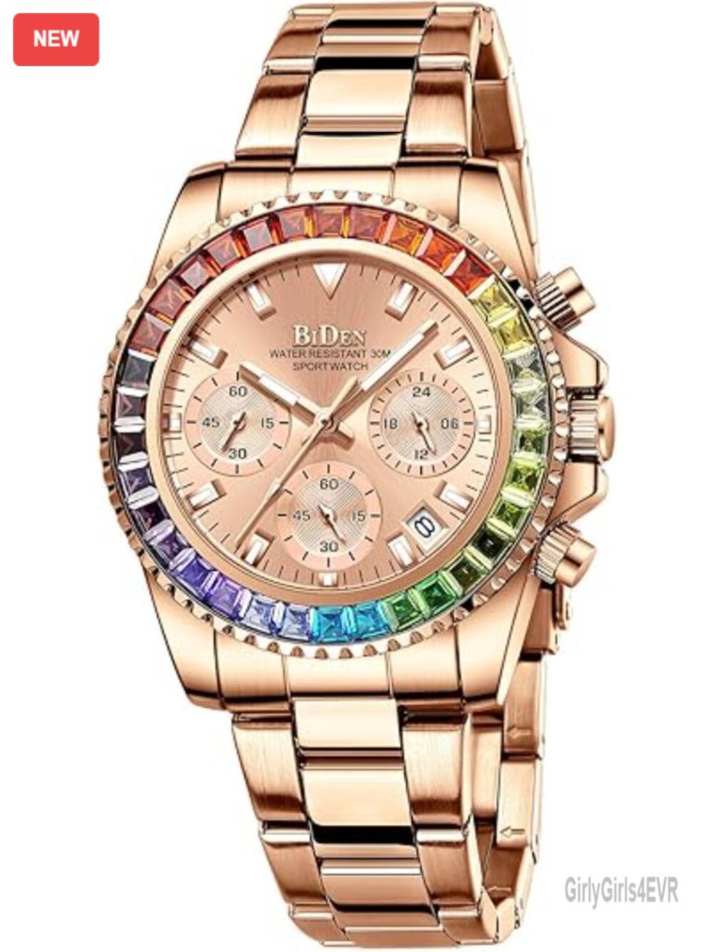 Women Chronograph Diamond Watch Rotatable Bezel Stainless Steel Waterproof